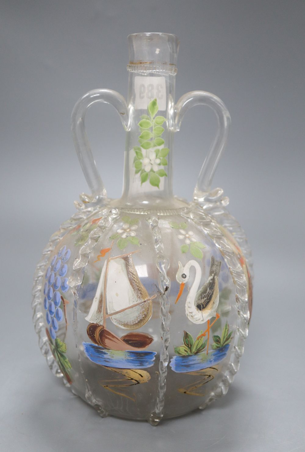 A Belgian enamel painted glass decanter, height 25cm